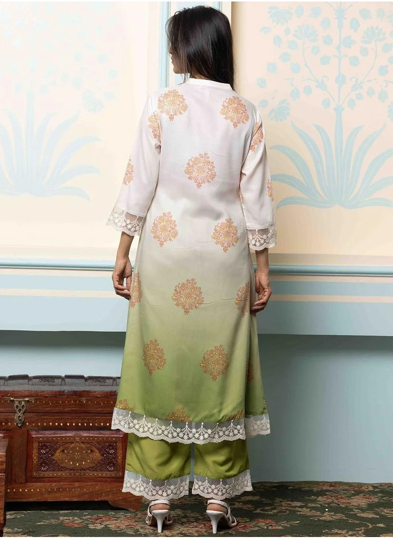 ISHIN Women's Off White Polyester Blend Embellished Tunic Full Length Palazzo Straight Fit Kurta Set