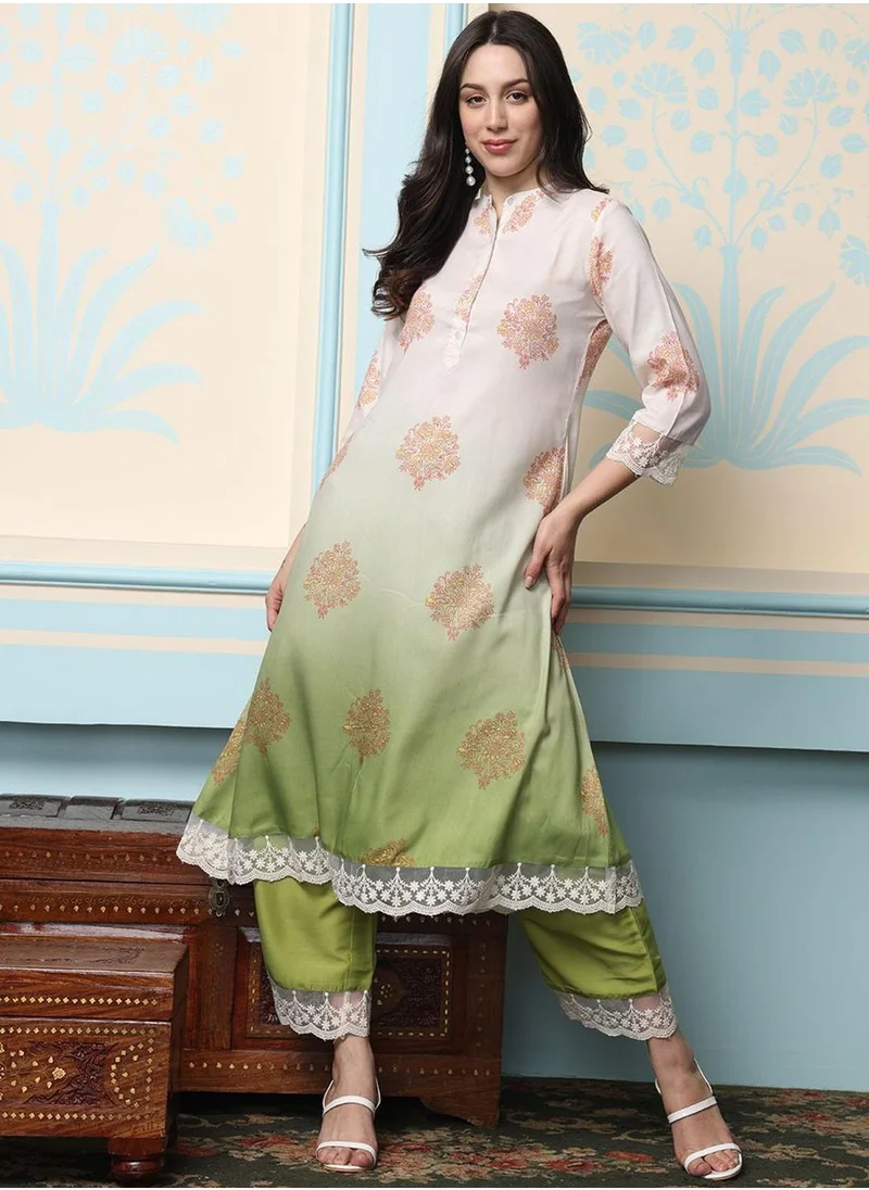 ISHIN Women's Off White Polyester Blend Embellished Tunic Full Length Palazzo Straight Fit Kurta Set