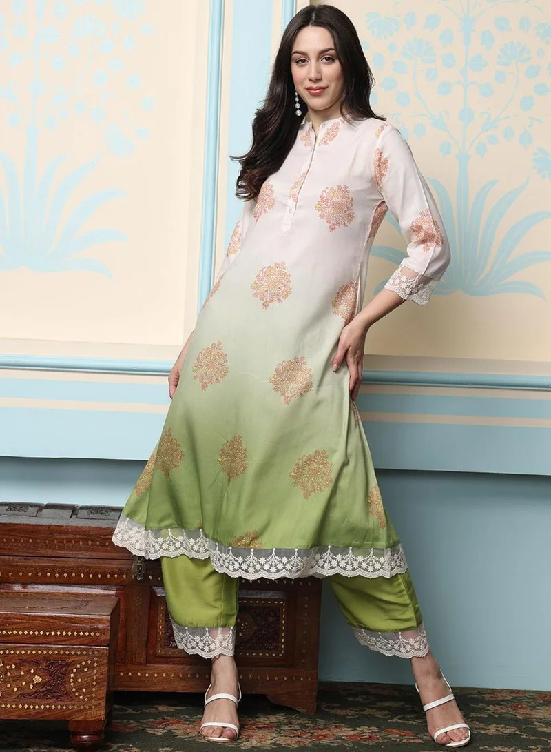 ISHIN Women's Off White Polyester Blend Embellished Tunic Full Length Palazzo Straight Fit Kurta Set
