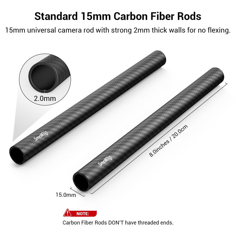 SmallRig 15mm Carbon Fiber Rod for 15mm Rod Support System (Non-Thread), 8 inches Long, Pack of 2 - Image 2