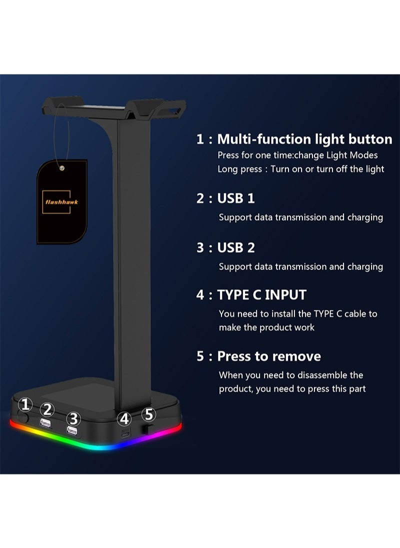 Flash Hawk RGB Light Gaming Headset Stand with Dual USB Ports  - Image 4