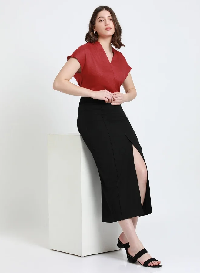 Dennis Lingo Red Regular Fit V-Neck Stylized Top for Women - Viscose Moss, Half Sleeves, Casual,