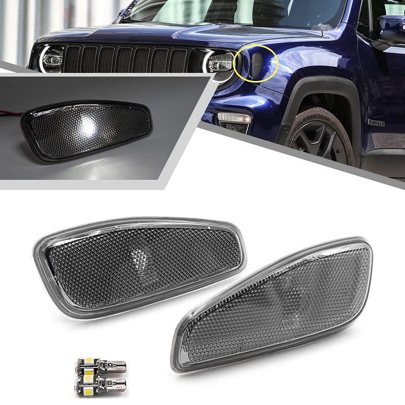2Pcs White Led Side Marker Lights Compatible with Jeep Renegade 20152021 Smoked Lens Replace OEM Front Bumper Sidemarker Lamp