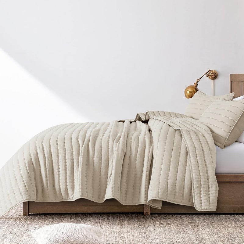 ROARINGWILD Neutral Beige King Size Quilt Bedding Sets with 2 Pillow Shams, Lightweight Soft Bedspread Coverlet, Quilted Blanket Thin Comforter Bed Cover for All Season, 3 Pieces, 104x90 inches - Image 3