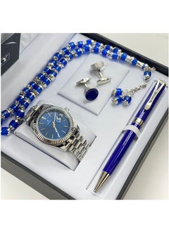 A stainless steel men's set consisting of a watch, a rosary, a pen and cufflinks