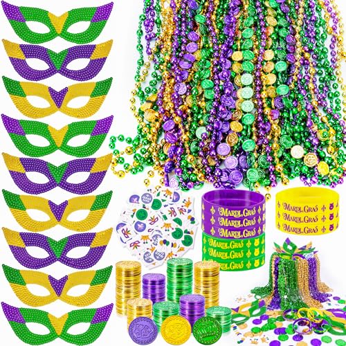 MGparty 216 PCS Mardi Gras Accessories Masks Beads Necklaces Coins Tattoos Bracelets Carnival Parade Masquerade Party Decorations Supplies - Image 1