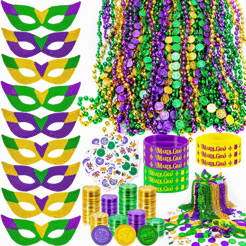 MGparty 216 PCS Mardi Gras Accessories Masks Beads Necklaces Coins Tattoos Bracelets Carnival Parade Masquerade Party Decorations Supplies - Image 3