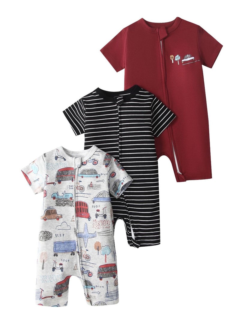 RedMapleTEK 3-Piece Set Of Pure Cotton Jumpsuits For Infants And Young Children With Short Sleeves And Crawling Clothes - Image 1