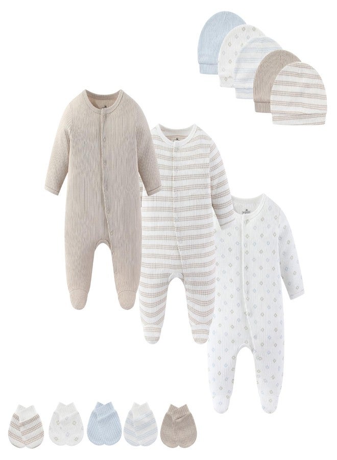MAMIMAKA Baby Boy Girls Clothes Cotton Footed Jumpsuits Long Sleeve Newborn Caps and Scratch Mittens Set 0-6 Months - Image 1