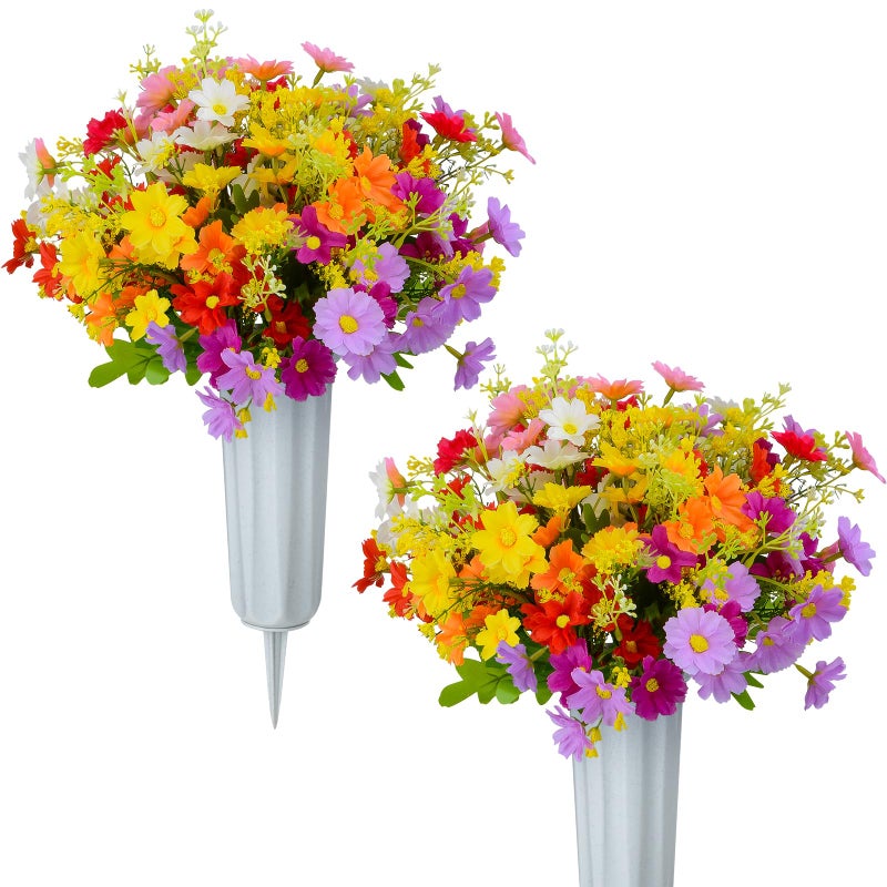 XONOR Artificial Cemetery Flowers Memorial Silk Daisy with Vase for Grave Headstone Decoration, Assorted Colors Daisy for Spring Summer Decoration - Image 1