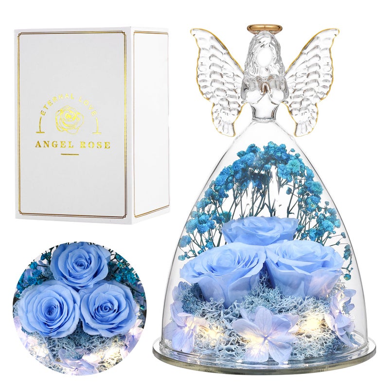 Tiaronics Mothers Day Mom Gifts for Women Preserved Flowers in Glass Angel Forever Flowers Gifts Eternal Roses Gifts for Grandma Sky Blue