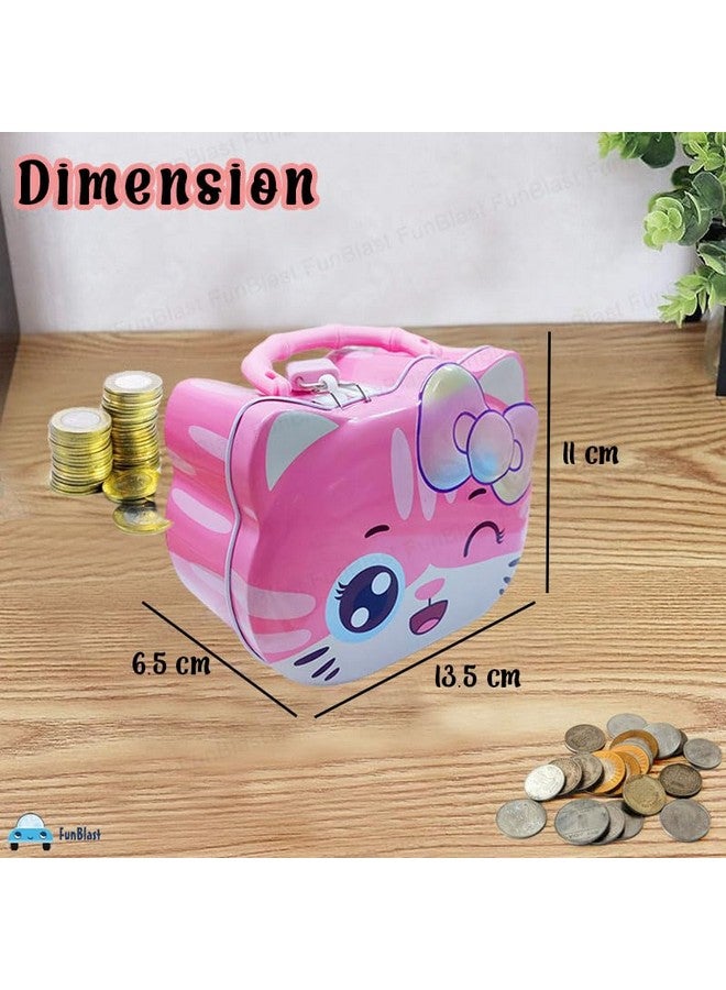 FunBlast Coin Box for Girls - Cute Cat Design Piggy Bank with Lock & Key, Money Saving Metal Coin Bank, Gullak for Kids, Girls, Kids, Birthday Return Gifts for Kids (Pink) - Image 2