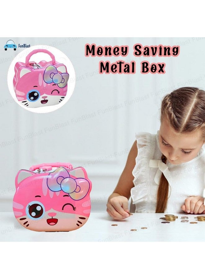 FunBlast Coin Box for Girls - Cute Cat Design Piggy Bank with Lock & Key, Money Saving Metal Coin Bank, Gullak for Kids, Girls, Kids, Birthday Return Gifts for Kids (Pink) - Image 4