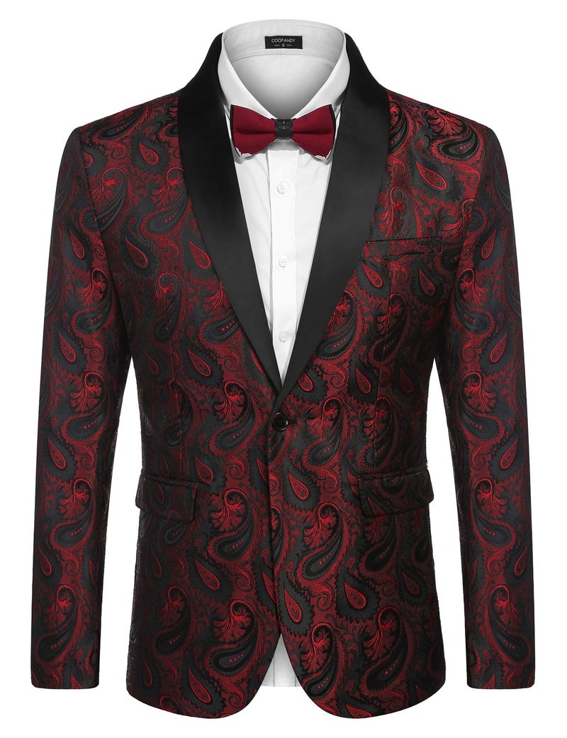 COOFANDY Mens Floral Tuxedo Jacket Paisley Shawl Lapel Suit Blazer Jacket for Dinner,Prom,Wedding Wine Red - Image 2
