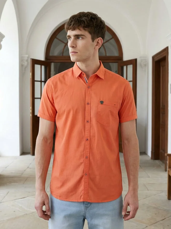 Kuons Avenue  KUONS AVENUE Men Peach Linen Blend Short Sleeve Shirt for Men | Best Price UAE