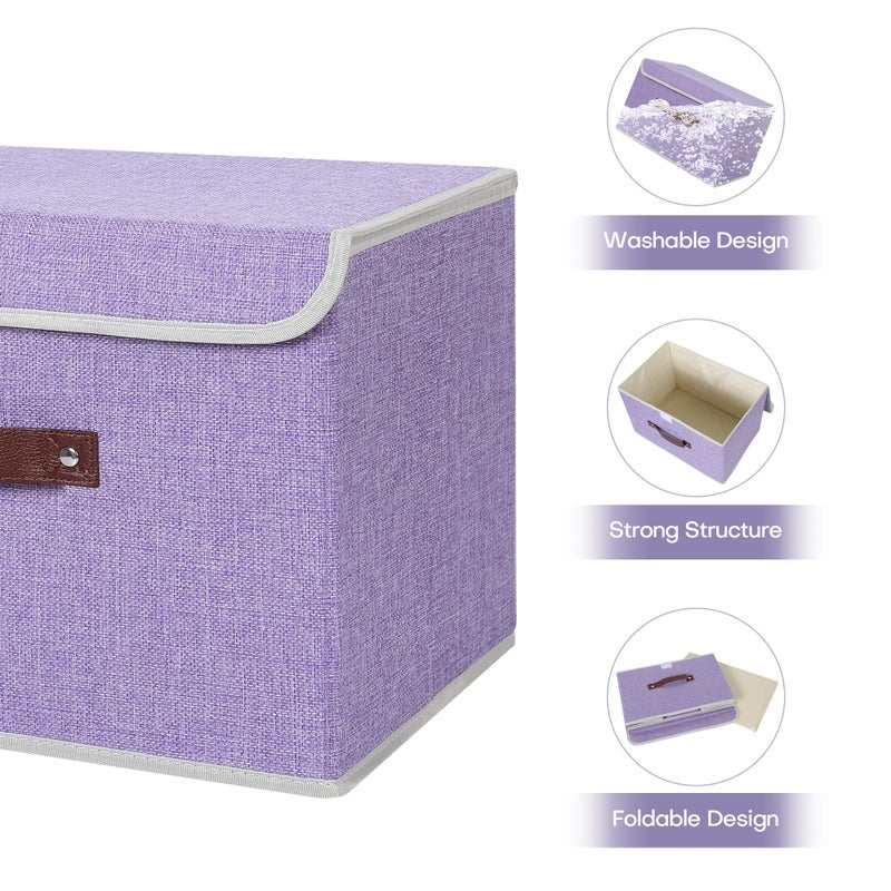 ANMINY Storage Bin with Lid Storage Boxes with PU Leather Handles PP Plastic Board Decorative Foldable Lidded Cotton Linen Fabric Home Cubes Baskets Closet Organizer Container - Purple, Large Size - Image 4