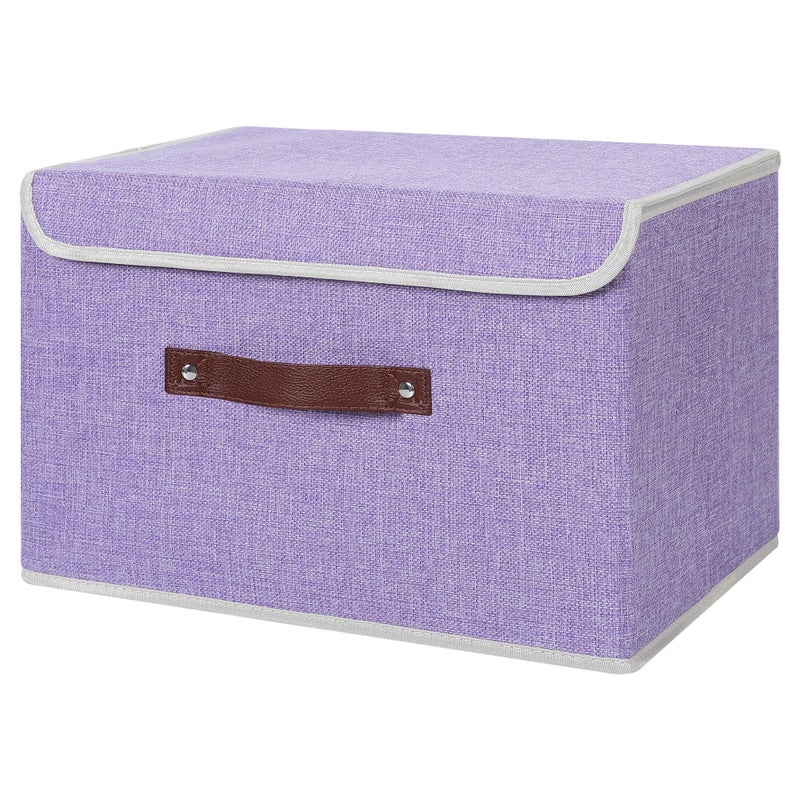 ANMINY Storage Bin with Lid Storage Boxes with PU Leather Handles PP Plastic Board Decorative Foldable Lidded Cotton Linen Fabric Home Cubes Baskets Closet Organizer Container - Purple, Large Size - Image 1