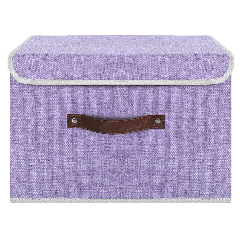 ANMINY Storage Bin with Lid Storage Boxes with PU Leather Handles PP Plastic Board Decorative Foldable Lidded Cotton Linen Fabric Home Cubes Baskets Closet Organizer Container - Purple, Large Size - Image 2