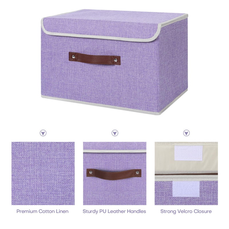 ANMINY Storage Bin with Lid Storage Boxes with PU Leather Handles PP Plastic Board Decorative Foldable Lidded Cotton Linen Fabric Home Cubes Baskets Closet Organizer Container - Purple, Large Size - Image 3