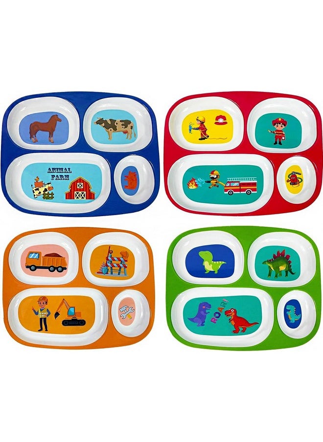 4E's Novelty 4 Melamine Dinner Plate For Kids Boys Plastic Mealtime Divided Plates Dinnerware Dishes Set For Picky Eaters Bpa Free Construction Dinosaur Firefighter Farm Animal  - Image 1