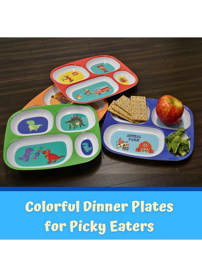 4E's Novelty 4 Melamine Dinner Plate For Kids Boys Plastic Mealtime Divided Plates Dinnerware Dishes Set For Picky Eaters Bpa Free Construction Dinosaur Firefighter Farm Animal  - Image 2