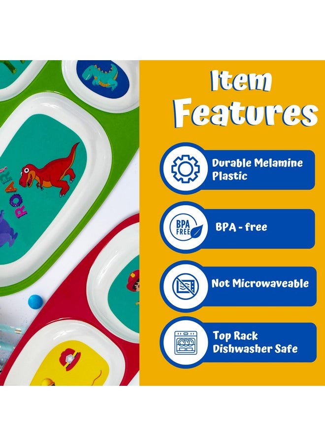 4E's Novelty 4 Melamine Dinner Plate For Kids Boys Plastic Mealtime Divided Plates Dinnerware Dishes Set For Picky Eaters Bpa Free Construction Dinosaur Firefighter Farm Animal  - Image 3