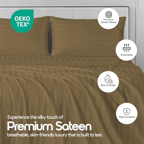 LINENWALAS Cotton 300 TC Fitted Bed Sheet for King Size Bed | Signature 2 CM Sateen Stripe Design |All-Around Elastic for 4–8 Inch Mattresses | Luxury Hotel-Style Bedding (72 x 78, Mocha) - Image 5