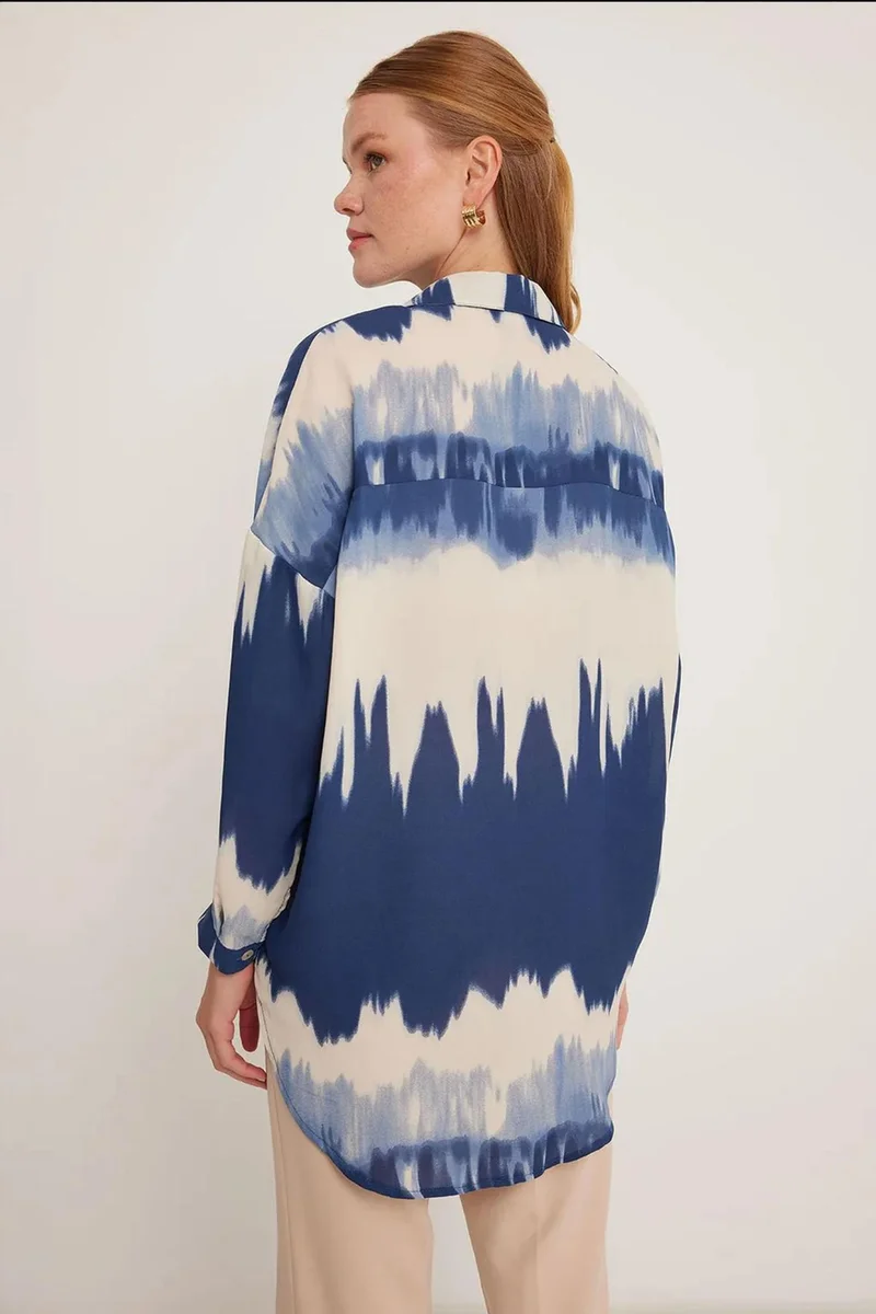 Big Dart Navy Blue BDART Oversized Abstract Weaving Long Sleeve Shirt with Button Closure for Women | Best Price UAE