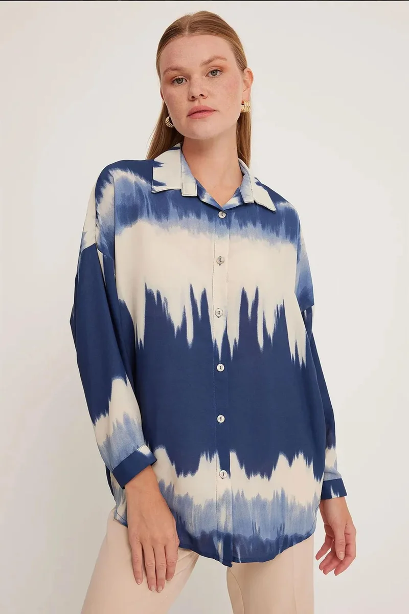 Big Dart Navy Blue BDART Oversized Abstract Weaving Long Sleeve Shirt with Button Closure for Women | Best Price UAE