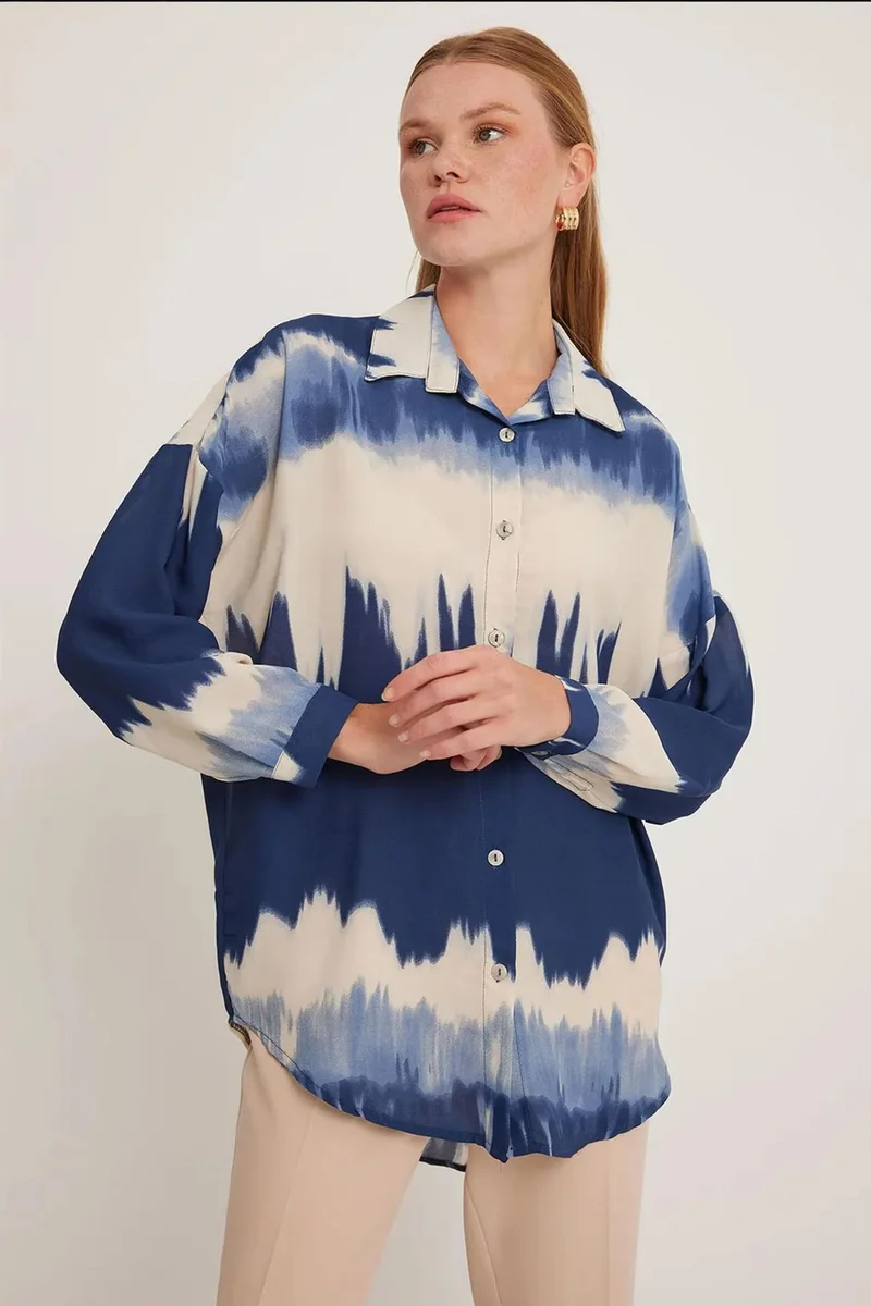 Big Dart Navy Blue BDART Oversized Abstract Weaving Long Sleeve Shirt with Button Closure for Women | Best Price UAE