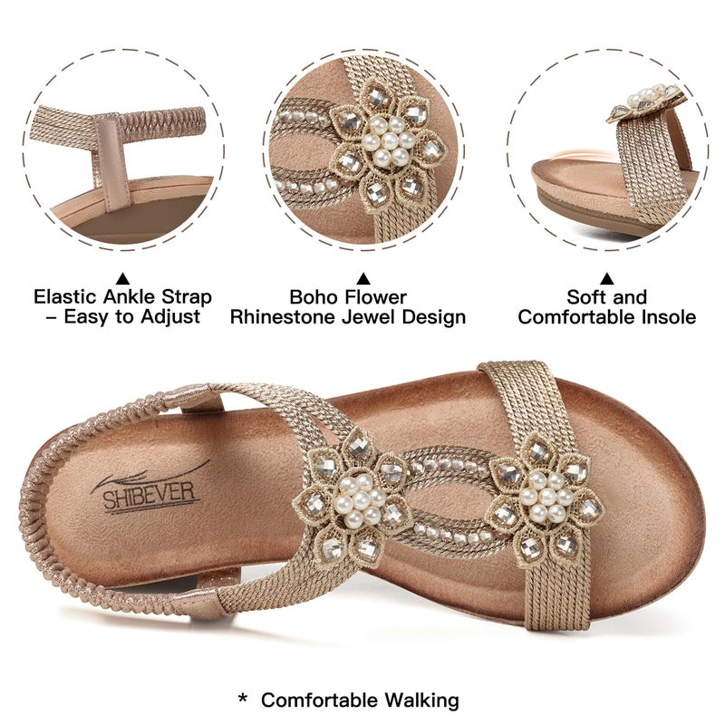 SHIBEVER Wedge Sandals for Women Flower Rhinestone Low Heel Platform Sandals Elastic Ankle Strap Open Toe Dressy Summer Comfortable Shoes Champagne 8.5 - Image 3
