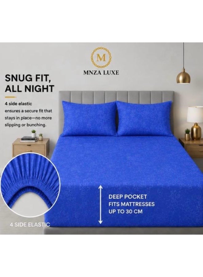 NZA LUXE طقم شرشف سرير مطاطي من المايكروفايبر بتصميم ورود، يشمل شرشف سرير مطاطي واحد + 2 غطاء وسادة | فائق النعومة، قابل للتنفس ومقاوم للتجاعيد | لون أزرق - Image 1