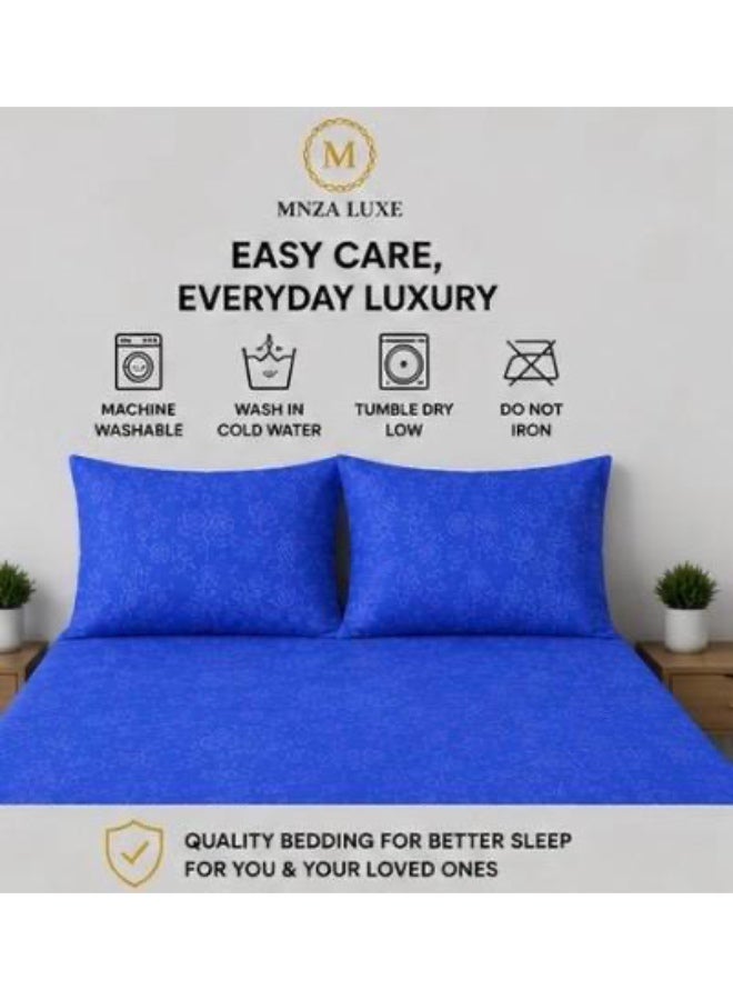 NZA LUXE طقم شرشف سرير مطاطي من المايكروفايبر بتصميم ورود، يشمل شرشف سرير مطاطي واحد + 2 غطاء وسادة | فائق النعومة، قابل للتنفس ومقاوم للتجاعيد | لون أزرق - Image 3