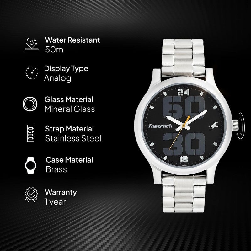 Fastrack Bold Analogue Round Black Dial Stainless Steel Strap Watch for Men- 38051SM07 - Image 2