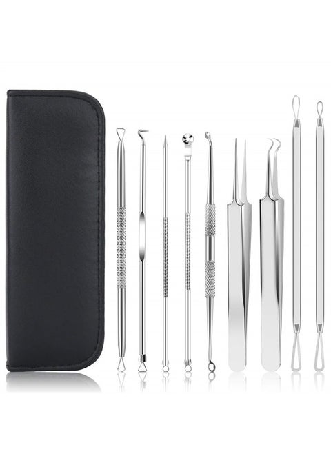 Pimple Popper Tool Kit, UUBAAR 9 PCS Blackhead Remover Tools with Tweezers, 16-Heads Professional Acne Zit Popper Extraction Tools, Whitehead Comedone Pimple Popping Extractor Kit for Facial Nose