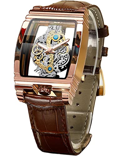 FORSINING Mens Luxury Hollow Skeleton Watch Retro Gorgeous Gear Carving Design Rectangle Tonneau Large Dial Leather Belt Stainless Steel Band Quartz Wristwatch Not Mechanical Watches brown rose gold - Image 1