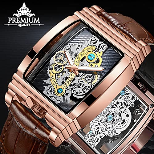 FORSINING Mens Luxury Hollow Skeleton Watch Retro Gorgeous Gear Carving Design Rectangle Tonneau Large Dial Leather Belt Stainless Steel Band Quartz Wristwatch Not Mechanical Watches brown rose gold - Image 3