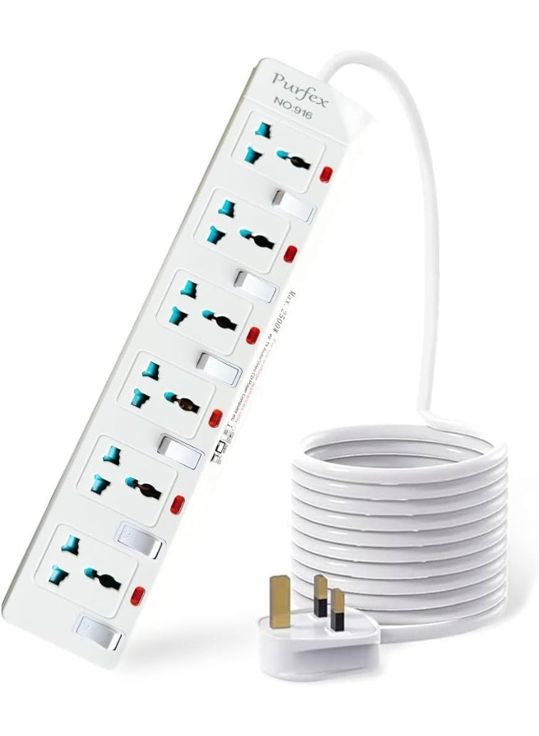 Purfex 6-Way Extension Cord,916-6M Long Power Strip with Universal Sockets, Surge & Overload Protection, Heavy-Duty Extension Cable for Home, Office & Appliances - Image 1