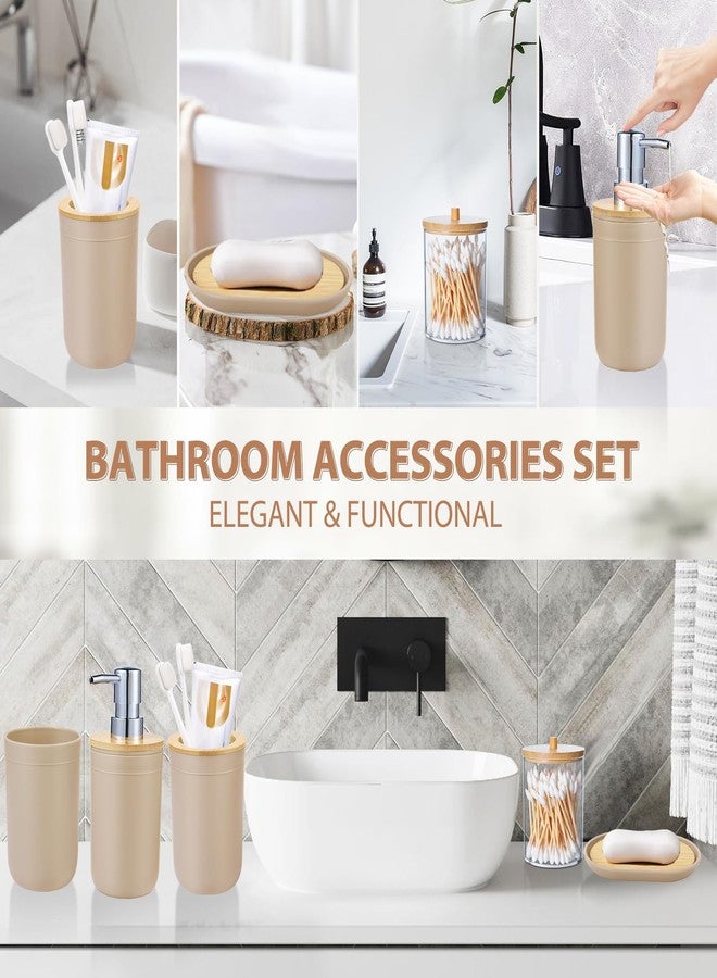 iMucci Bathroom Accessories Set 5Piece Beige Bathroom Sets, Toothbrush Holder, Toothbrush Cup, Lotion Soap Dispenser, Soap Dish and Qtip Holder Bathroom Decor - Image 3