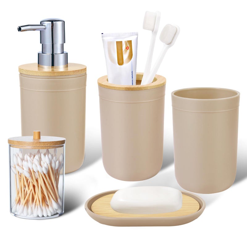 iMucci Bathroom Accessories Set 5Piece Beige Bathroom Sets, Toothbrush Holder, Toothbrush Cup, Lotion Soap Dispenser, Soap Dish and Qtip Holder Bathroom Decor - Image 1