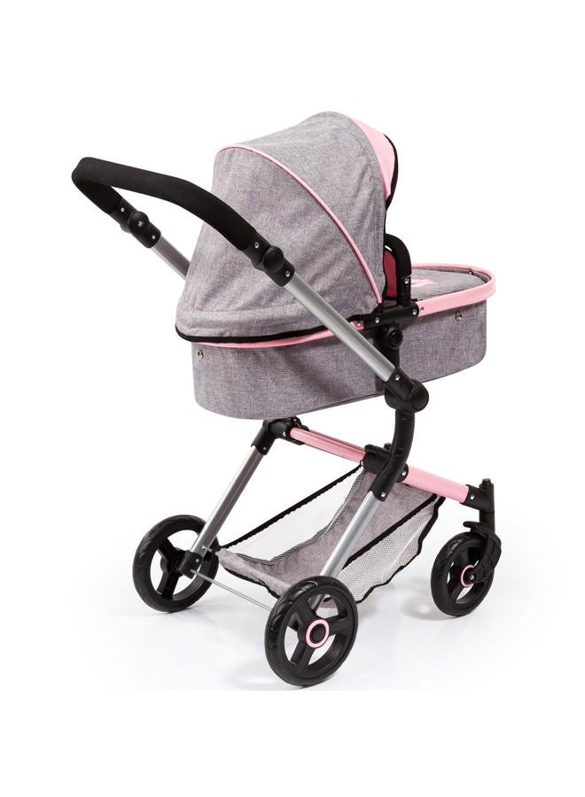 Bayer Design عربة دمى نيو فاريوا 18433AA بتصميم فراشة مع حقيبة تغيير وسلة تسوق، قابلة للتحويل إلى عربة رياضية، قابلة لتعديل الارتفاع، مظهر دنيم رمادي، وردي، فراشة، 52 سم - Image 4