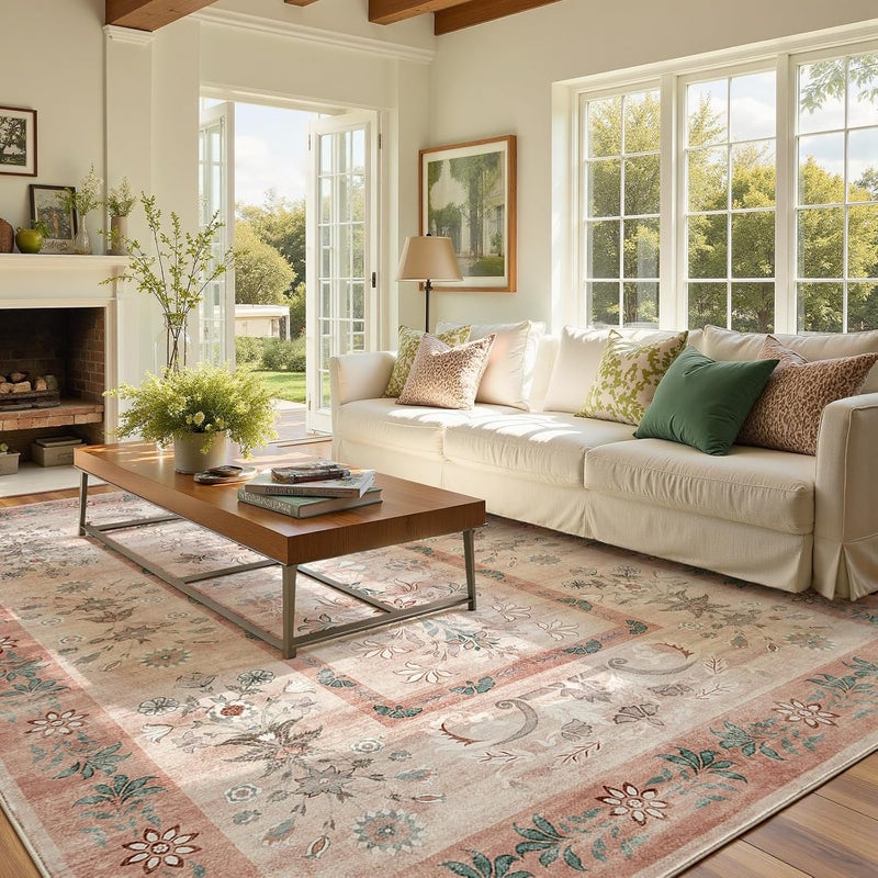 jinchan Area Rug 8x10 Washable Rug, Vintage Floral Living Room Carpet Non Slip Home Decor Rugs, Low-Pile Carpet for Bathroom Entrance Bedroom Office Farmhouse and Dining Table (Dusty Pink) - Image 1