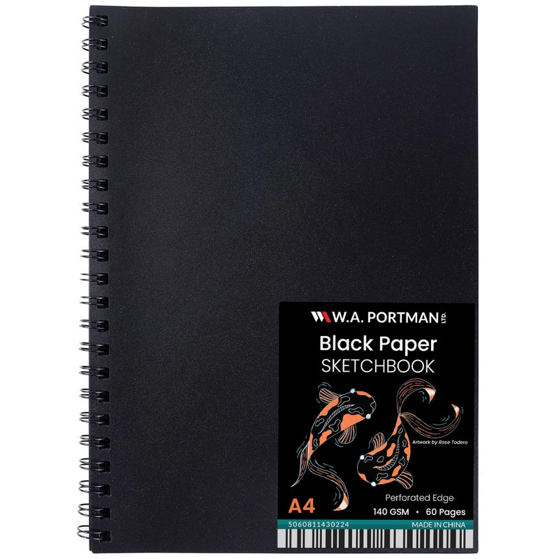 W.A. Portman WA Portman Black Paper Sketchbook A4 (8.3" x 11.7") â€“ 140 GSM Acid-Free Black Book Marker Paper â€“ 60 Pages (30 Sheets) Spiral Scrapbook Journal â€“ Mixed Media Sketch Pad for Kids & Adults - Image 1
