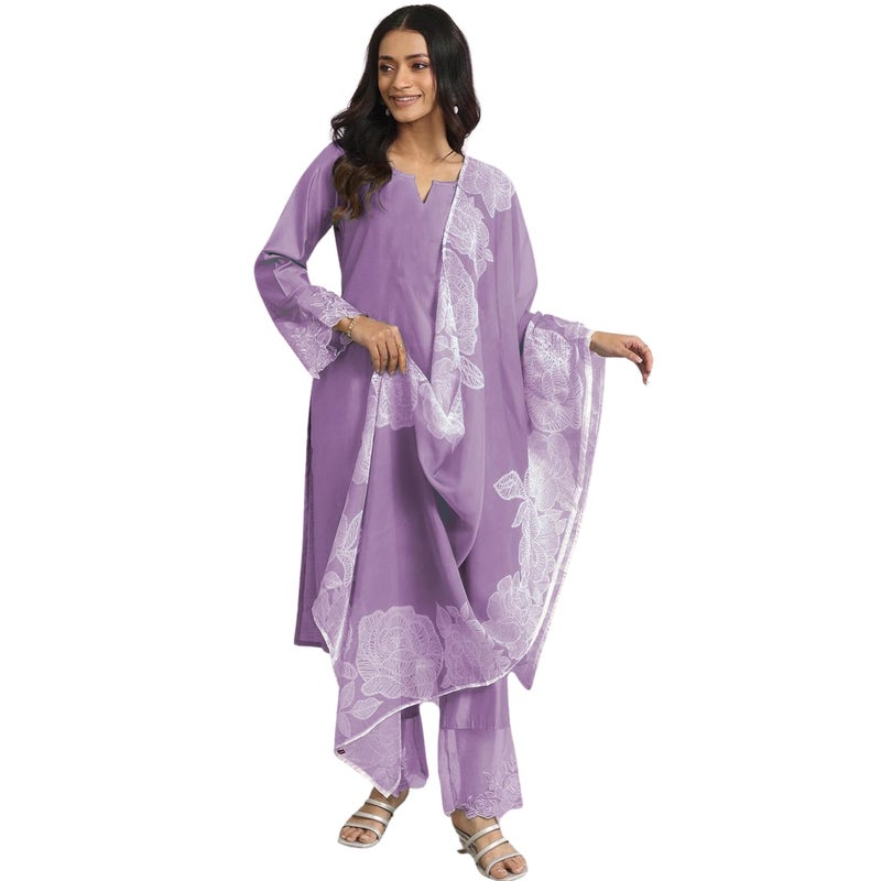 SHIENZY Women's Embroidered Kurta Set with Dupatta || Elegant Floral Suit Set for Women || Ethnic Wear for Girls || Stylish Kurti Pant Set with Dupatta (1672_LP_S) Lilac Purple - Image 5