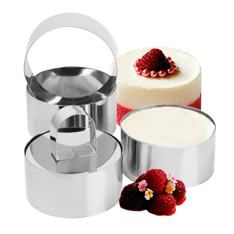 Chefa USA Set of 4 - Round Stainless Steel Small Cake Rings, Mousse and Pastry Mini Baking Ring Mold with Pusher - Image 1
