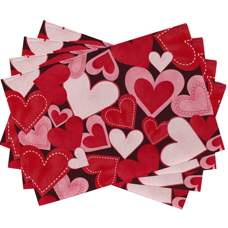 Seliem Red Pink Love Hearts Placemats Set of 4, Happy Valentine's Day White Farmhouse Dining Table Place Mats Home Kitchen Decor, Vintage Wedding Anniversary Holiday Decoration 12 x 18 Inch - Image 1
