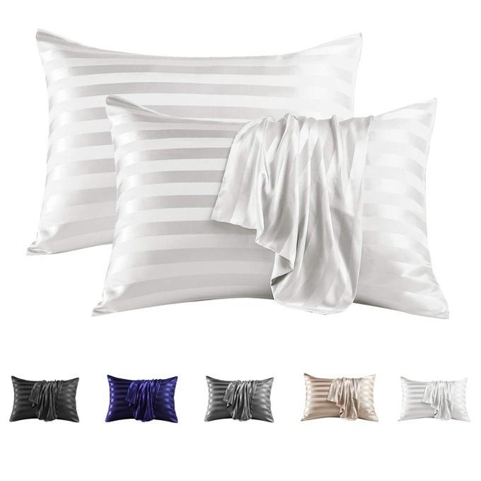 MRHM SATIN PILLOWCASE FOR HAIR AND SKIN SILK SATIN PILLOWCASE 2 PACK QUEEN SIZE PILLOW CASES SET OF 2 SILKY PILLOW COVER WITH ENVELOPE CLOSURE 20X30 IVORY STRIPED