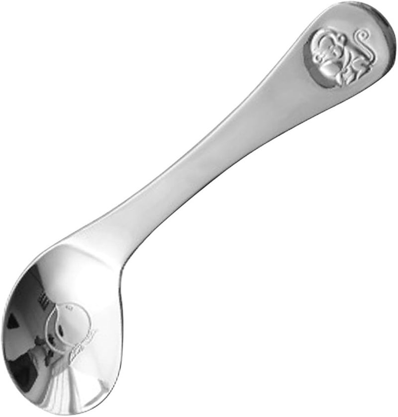 Ergonomic Left Bent Handle Baby Feeding Spoon with Animal Pattern Stainless Steel Safe Self Feeding Utensil - Image 1