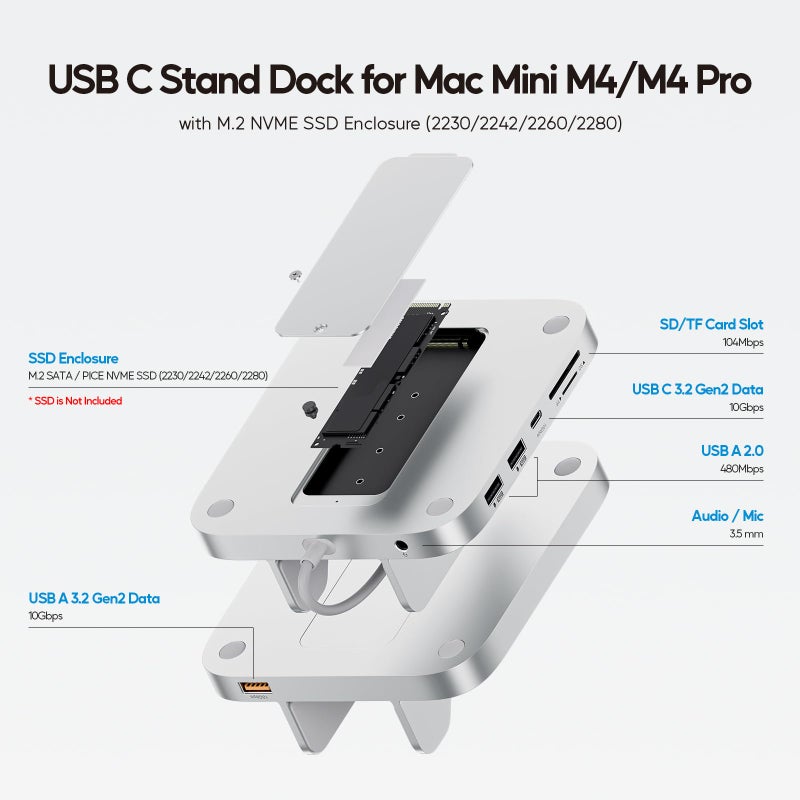 PULWTOP Mac mini M4 Dock with 4TB M.2 SSD Enclosure, 8-in-1 Aluminum Vertical USB-C Hub for Mac mini M4 Pro Hub Stand with USB-A/C 3.2 10Gbps, 2xUSB-A 2.0, 3.5mm Audio, SD/TF (SSD NOT Included) - Image 2