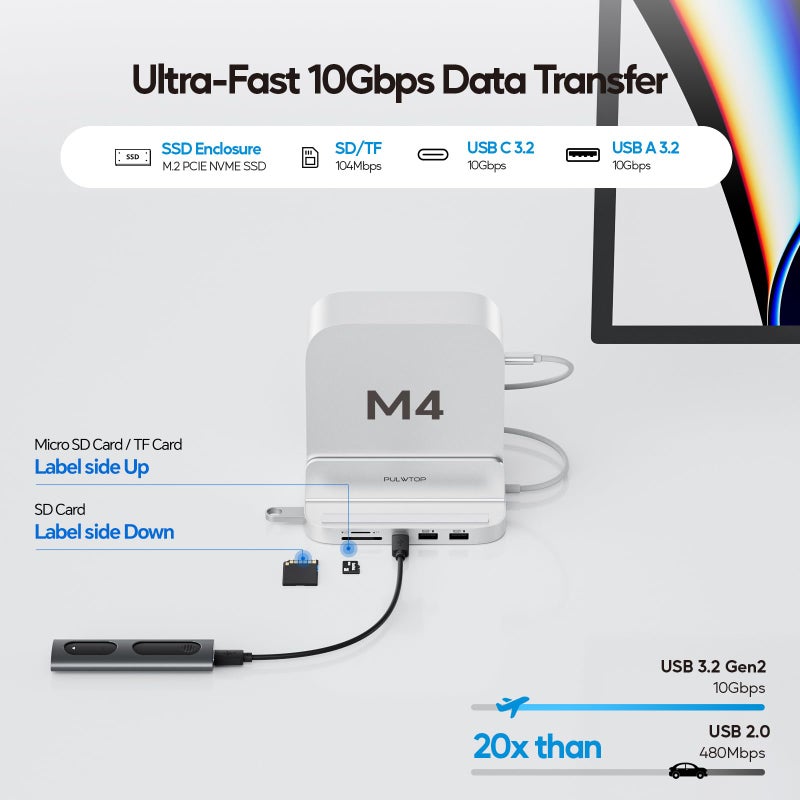 PULWTOP Mac mini M4 Dock with 4TB M.2 SSD Enclosure, 8-in-1 Aluminum Vertical USB-C Hub for Mac mini M4 Pro Hub Stand with USB-A/C 3.2 10Gbps, 2xUSB-A 2.0, 3.5mm Audio, SD/TF (SSD NOT Included) - Image 4